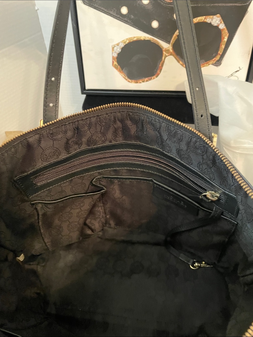 Michael Kors Black Leather Logo Tote with Gold Hardware - Picture 6 of 13